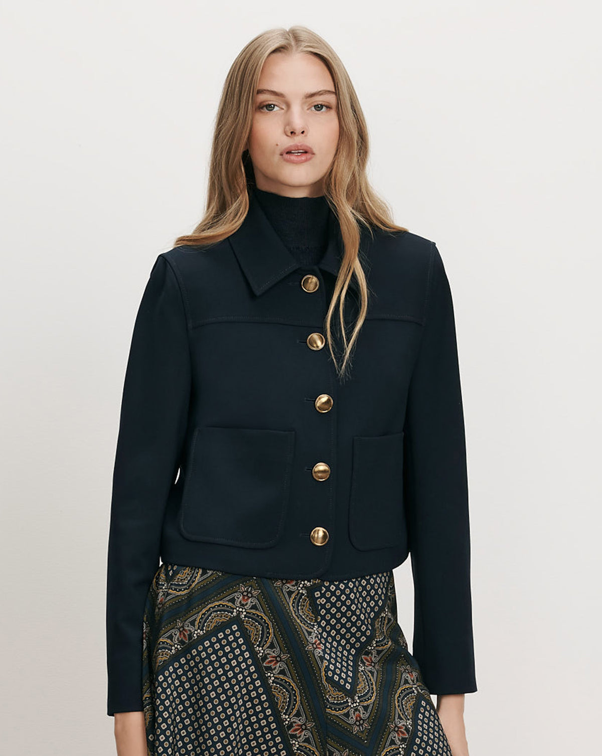 Veronica Beard Dark blue cropped jacket with gold buttons.