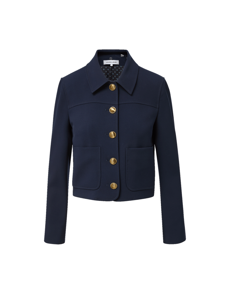 Veronica Beard Navy cropped jacket, gold buttons, two front pockets.