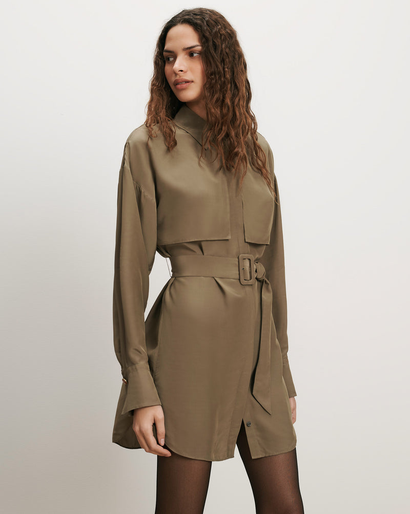 Veronica Beard Olive belted shirt dress with long sleeves.