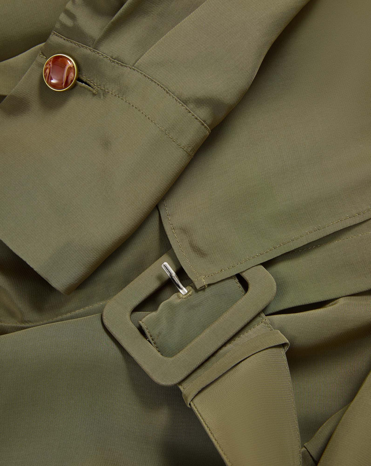 Veronica Beard Olive green trench coat with buckle and button.