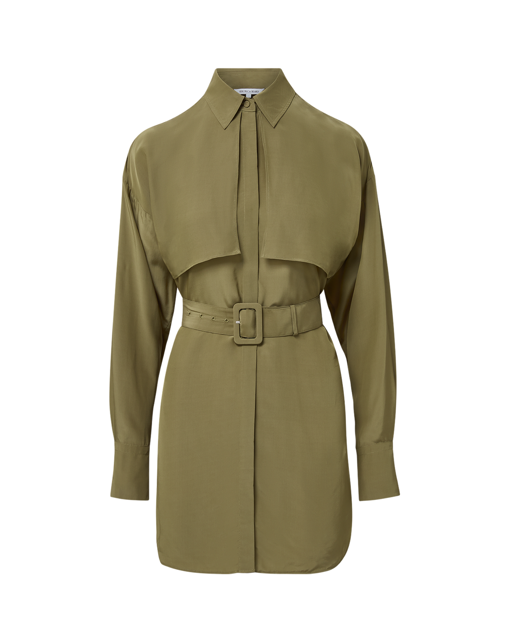 Veronica Beard Olive green belted tunic dress with wide collar.