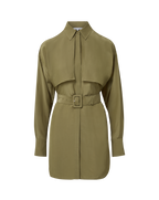 Veronica Beard Olive green belted tunic dress with wide collar.