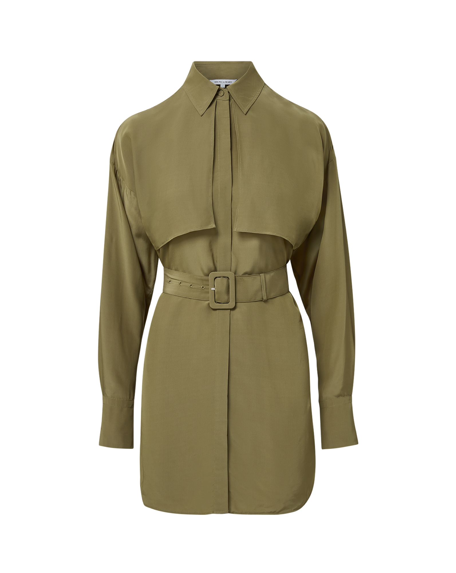 Veronica Beard Olive green belted tunic dress with wide collar.