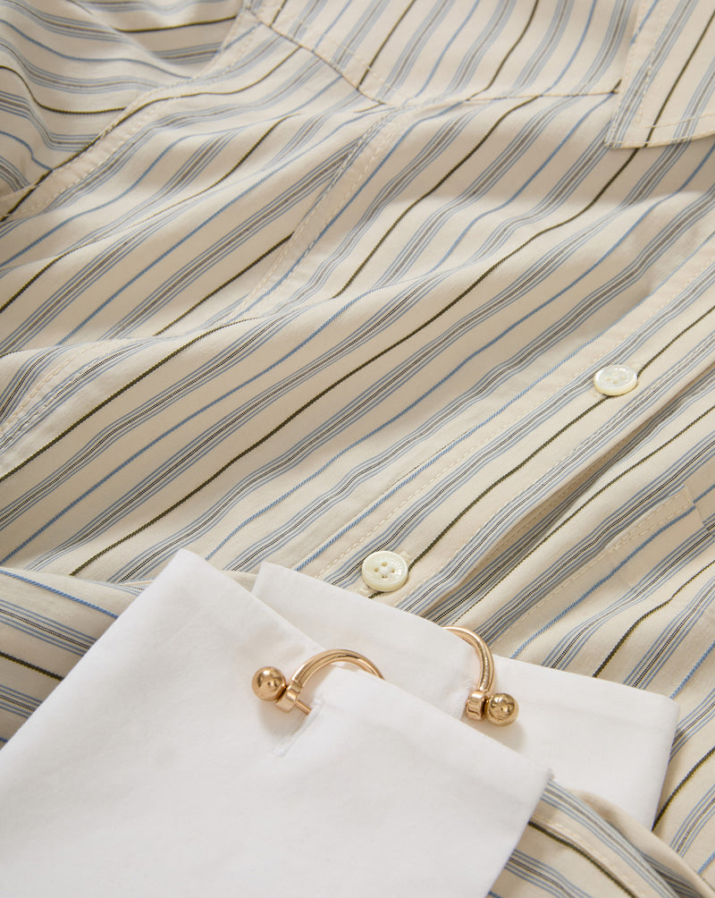 Veronica Beard Striped button-up shirt with white cuffs and gold cuff links.