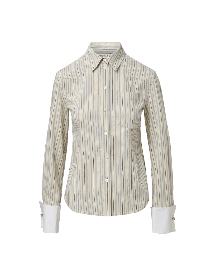 Veronica Beard Striped cotton shirt with white cuffs and collar.