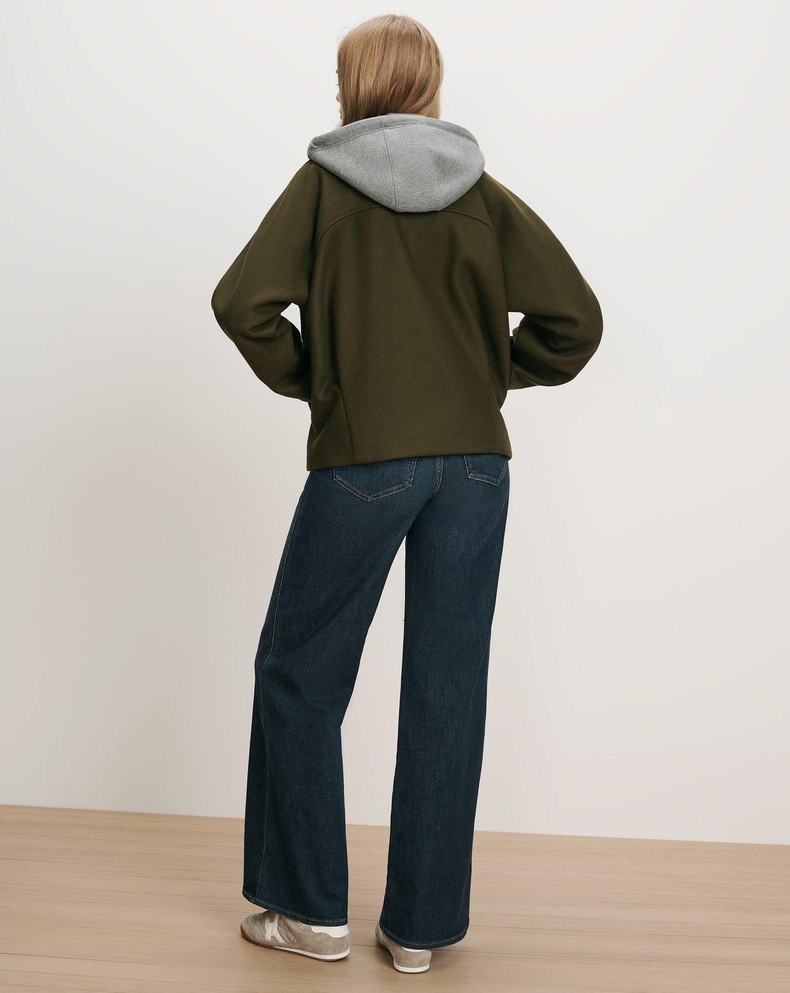 Veronica Beard Olive green hooded jacket with gray hood.