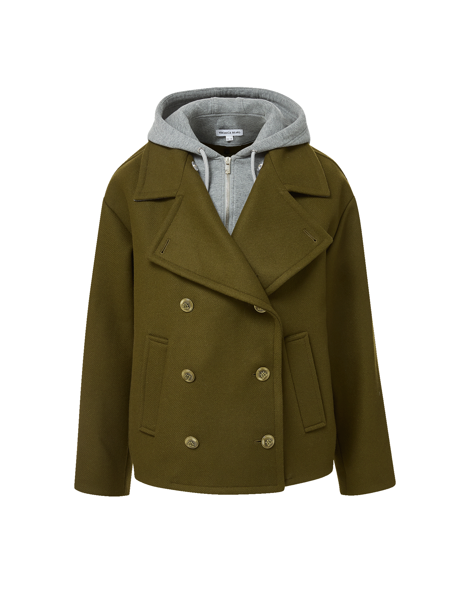 Veronica Beard Olive wool pea coat with gray hooded sweatshirt.