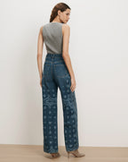 Veronica Beard Gray ribbed tank top, blue paisley wide-leg jeans.