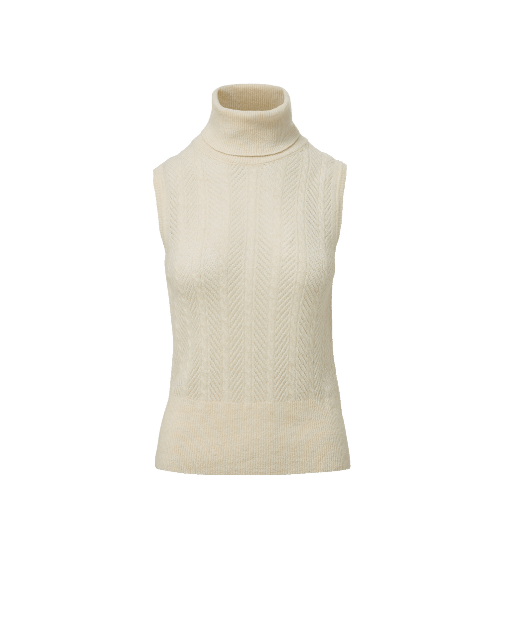Veronica Beard Cream sleeveless turtleneck sweater with chevron knit pattern.