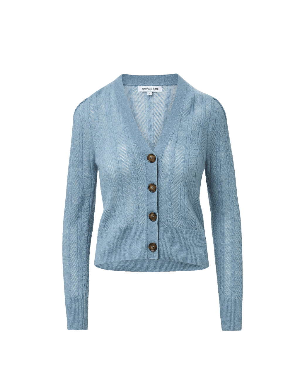Veronica Beard Blue cardigan, V-neck, button-front, cable knit.