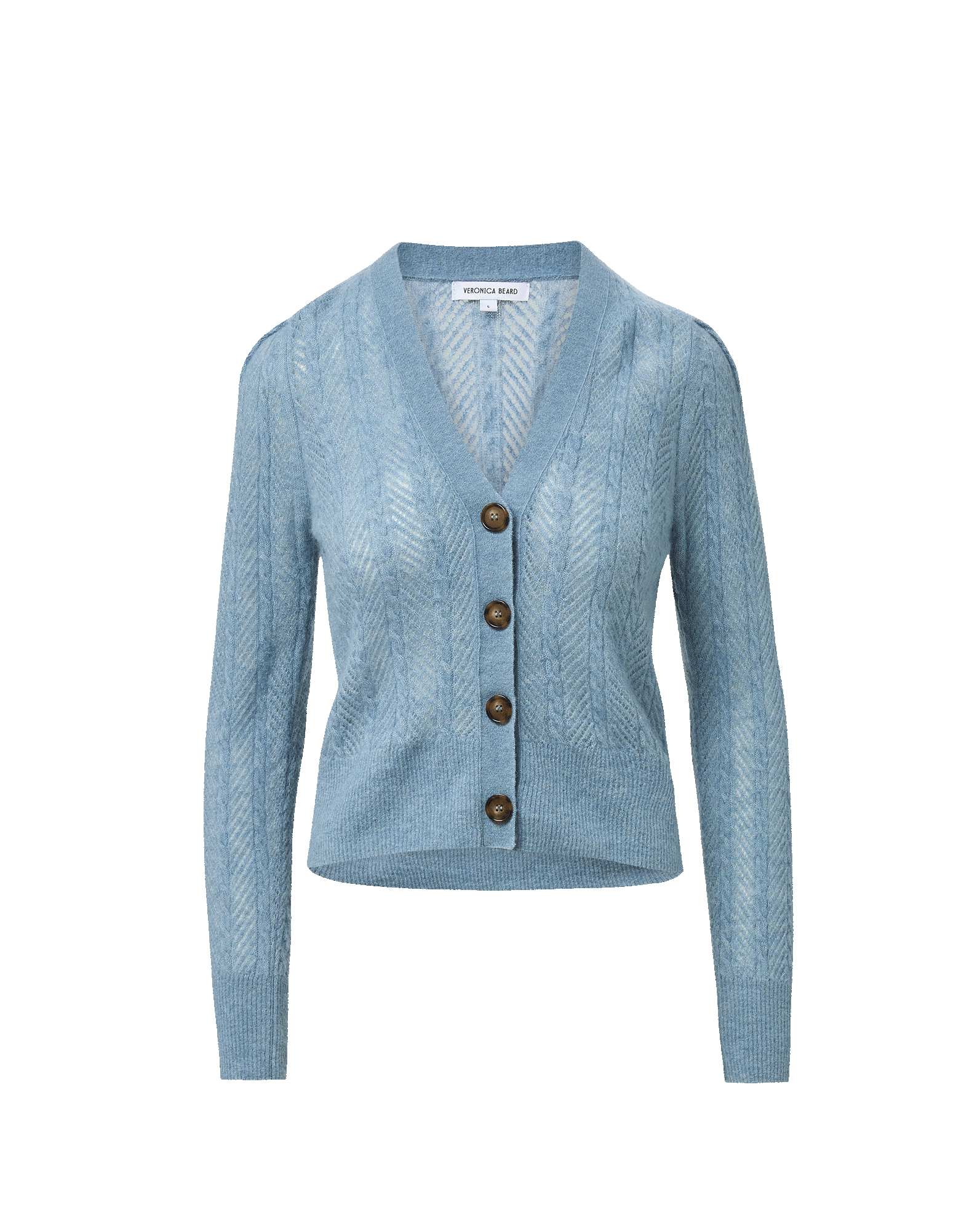 Veronica Beard Blue cardigan, V-neck, button-front, cable knit.