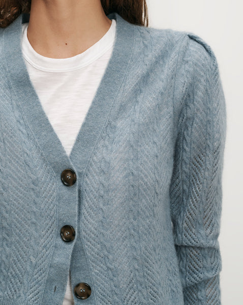 Veronica Beard Blue cable knit cardigan with brown buttons