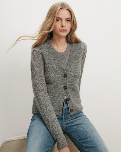 Veronica Beard Gray knit cardigan with brown buttons.