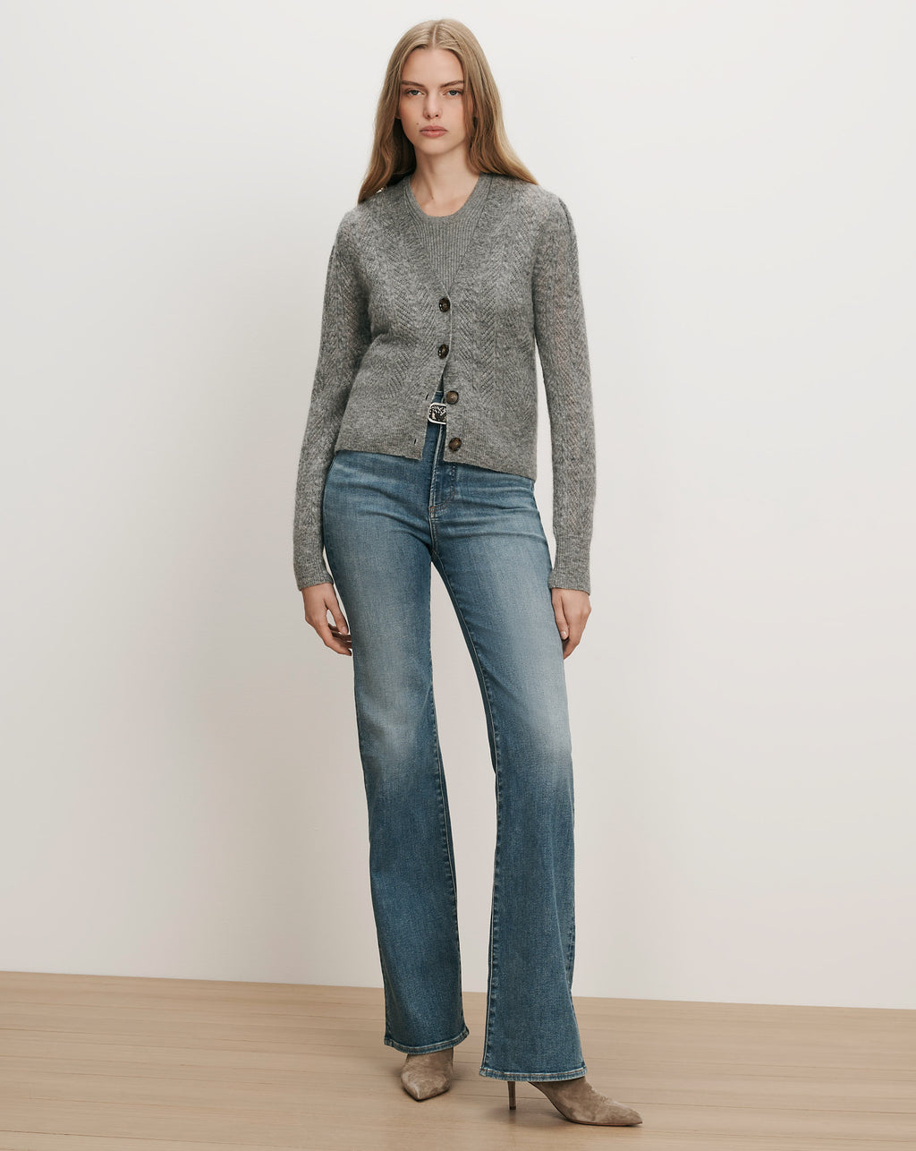 Veronica Beard Gray knit cardigan, blue flared jeans
