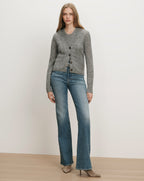 Veronica Beard Gray knit cardigan, blue flared jeans