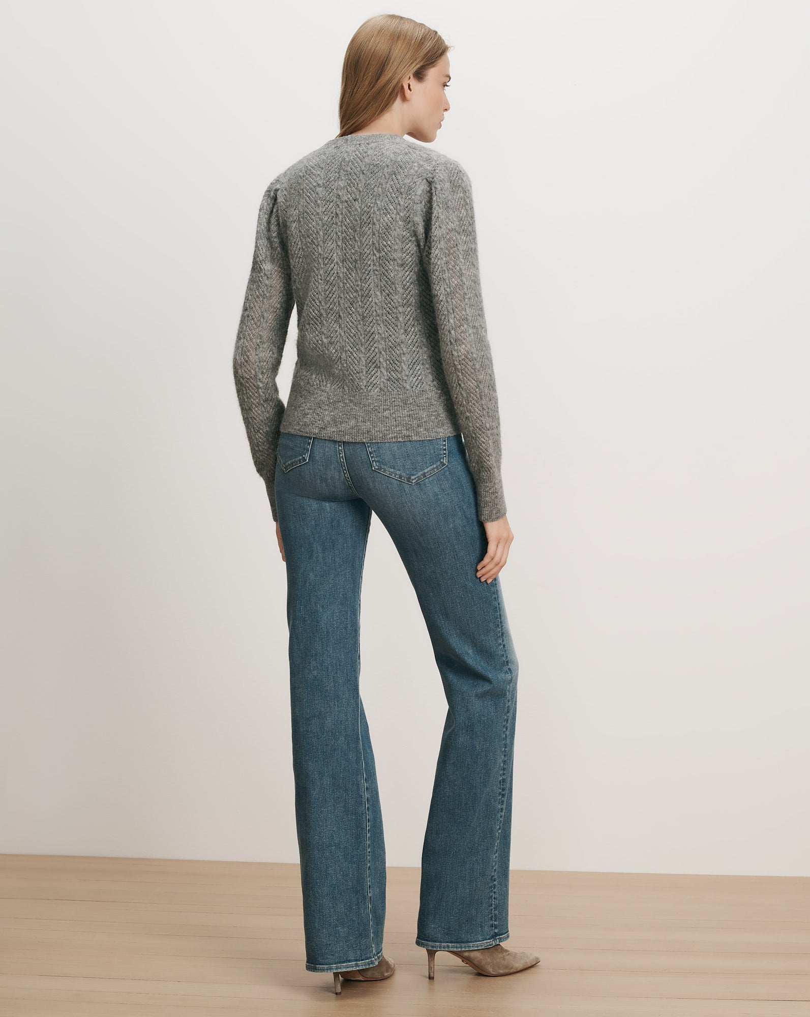 Veronica Beard Gray chevron knit sweater and blue jeans