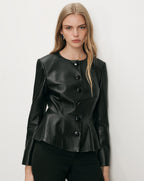 Veronica Beard Black faux leather peplum jacket with button front.