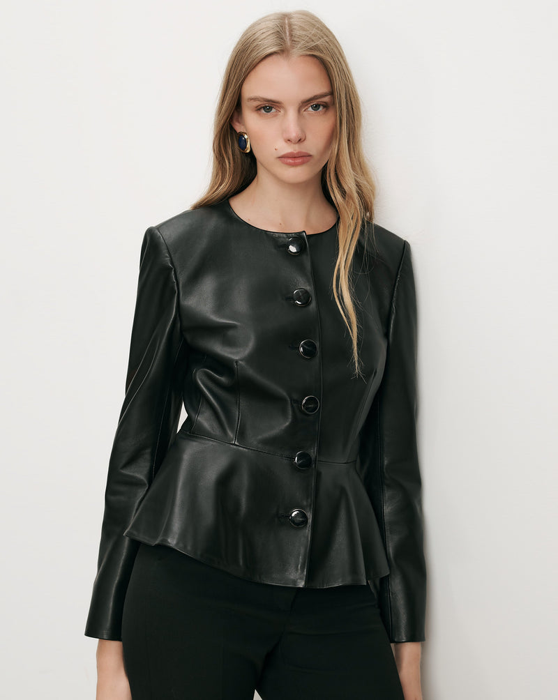 Veronica Beard Black faux leather peplum jacket with button front.