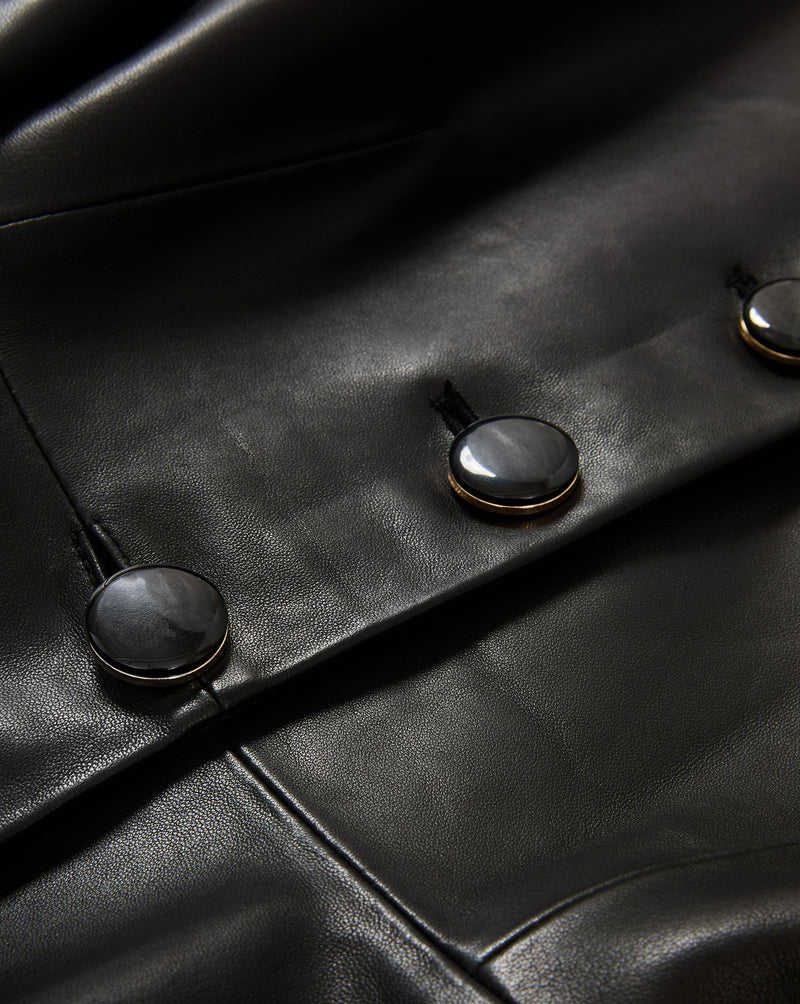 Veronica Beard Black leather jacket with three buttons.