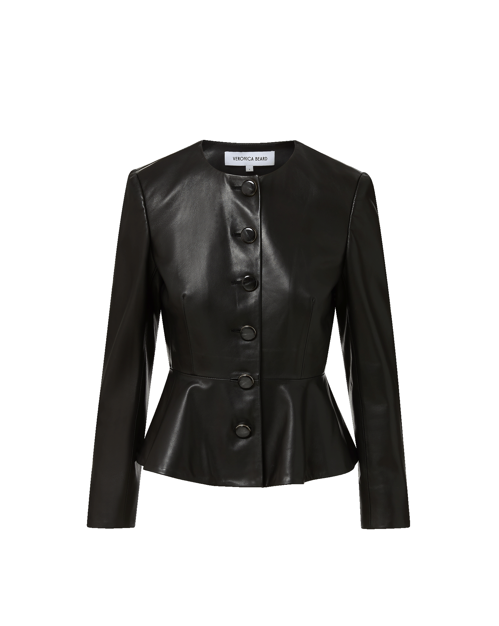 Veronica Beard Black leather peplum jacket with round neck and buttons.