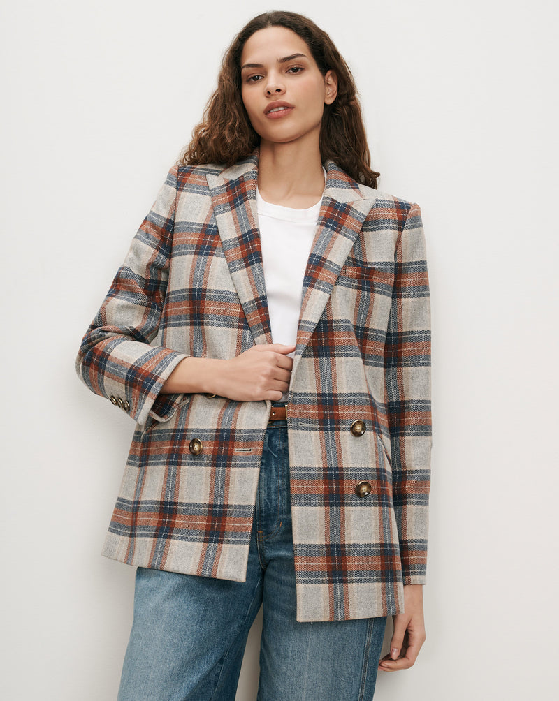 Veronica Beard Plaid double-breasted blazer with gold buttons