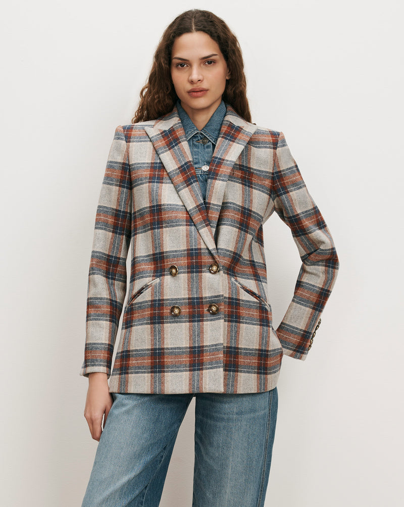 Veronica Beard Plaid double-breasted blazer with peak lapels.