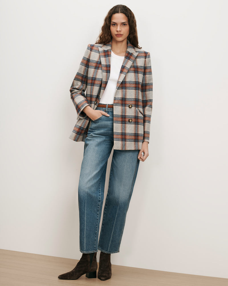 Veronica Beard Plaid blazer, white tee, blue jeans, brown boots