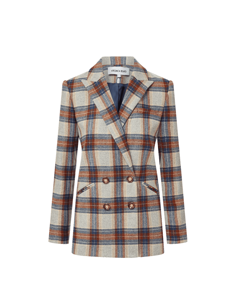 Veronica Beard Plaid double-breasted blazer with gold buttons