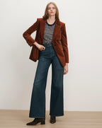 Veronica Beard Brown corduroy blazer, striped t-shirt, wide-leg jeans.