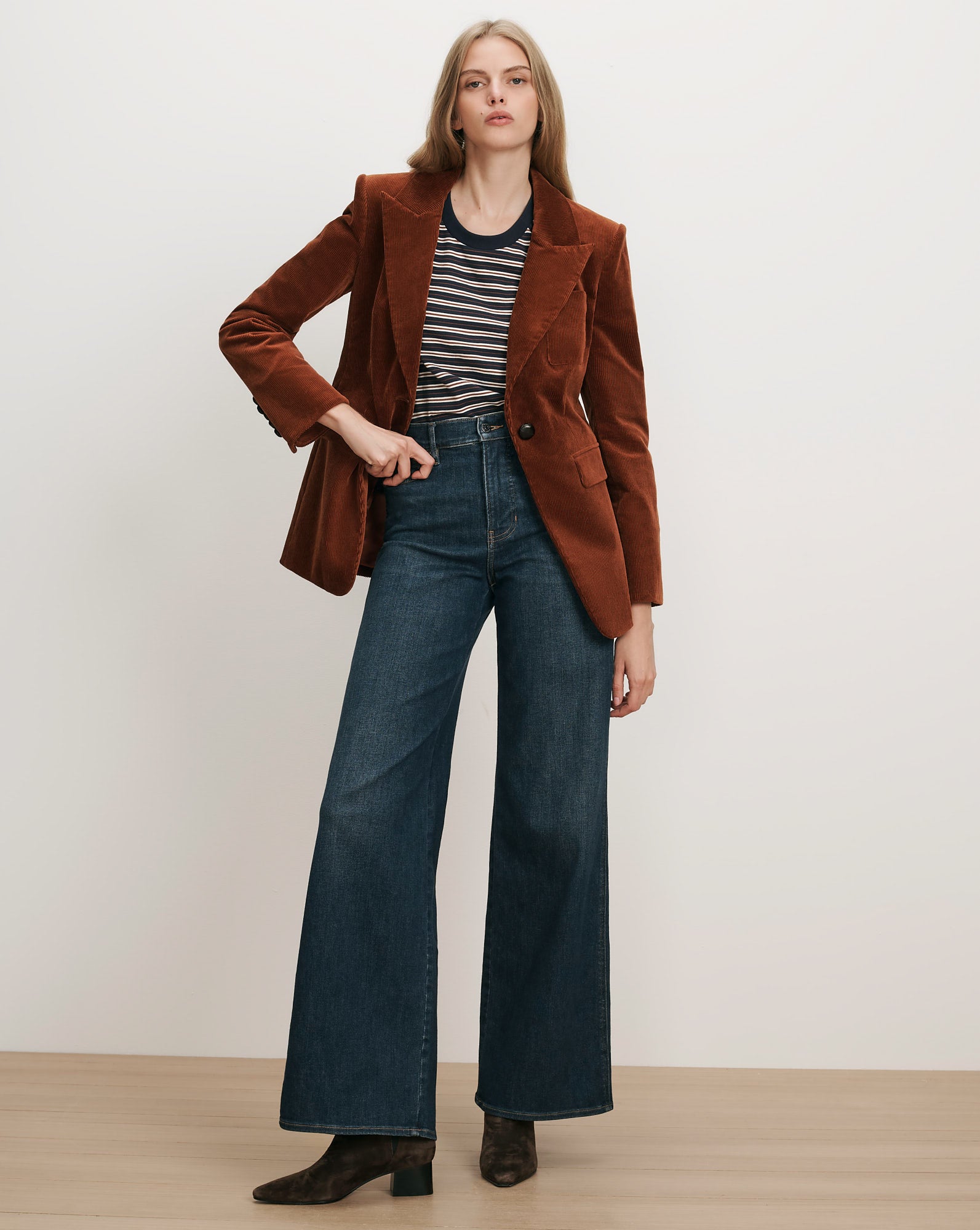 Veronica Beard Brown corduroy blazer, striped t-shirt, wide-leg jeans.