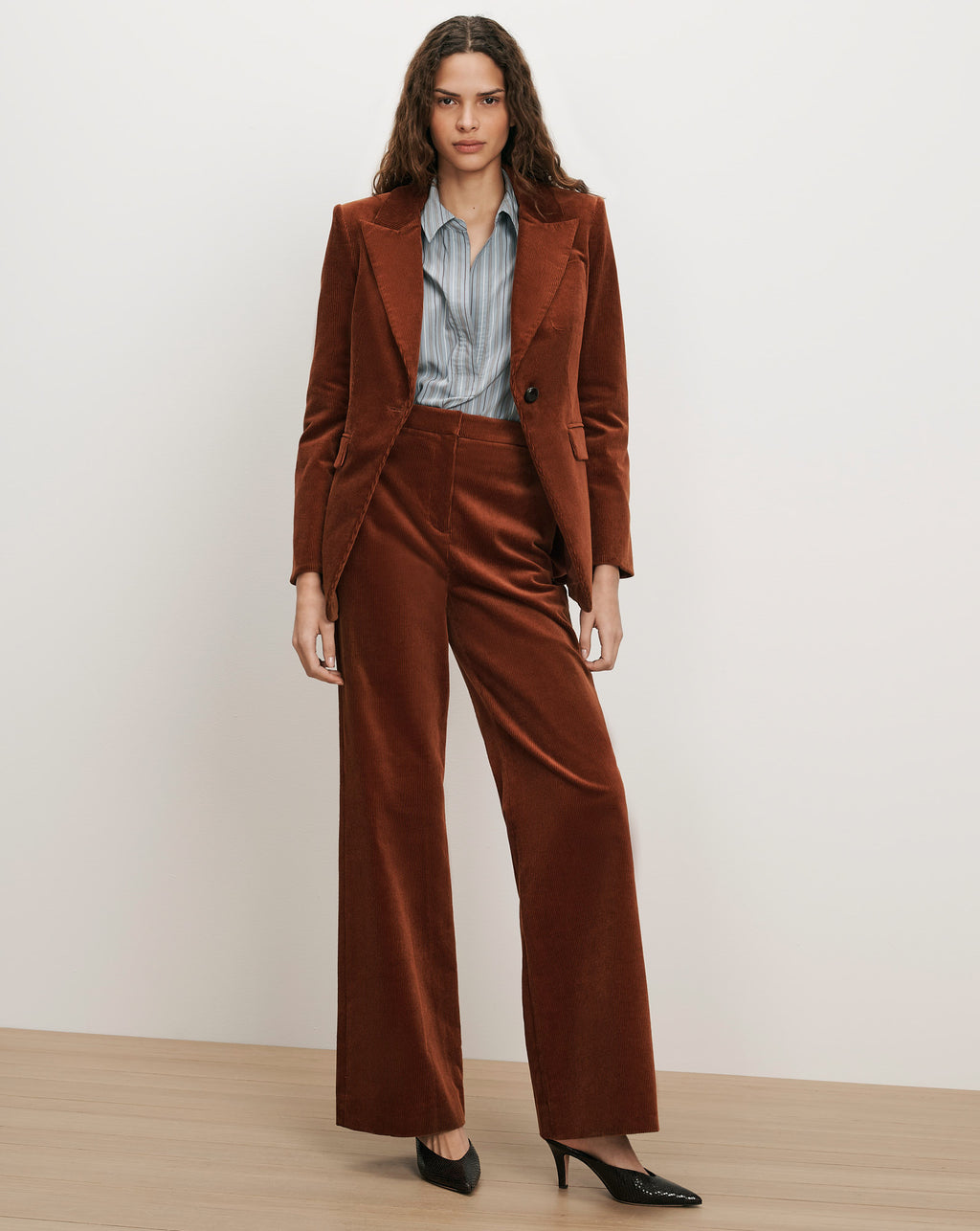 Veronica Beard Brown corduroy suit with striped shirt