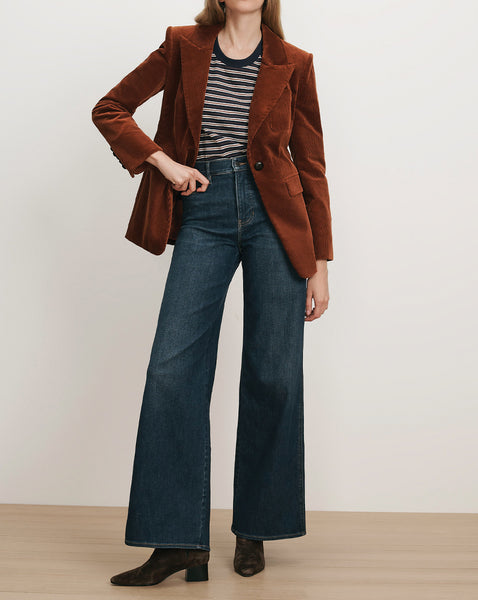 Veronica Beard Brown corduroy blazer, striped t-shirt, wide-leg jeans.