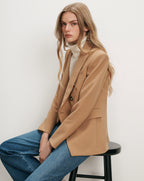 Veronica Beard Tan blazer, white turtleneck, blue jeans