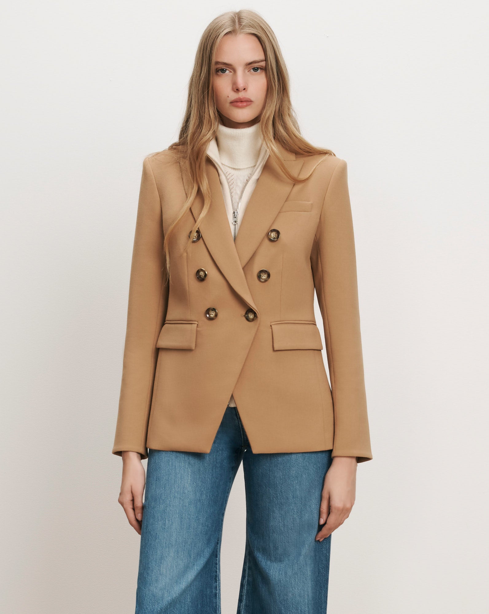 Veronica Beard Camel double-breasted blazer with gold buttons.