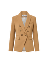 Veronica Beard Tan double-breasted blazer with gold buttons.