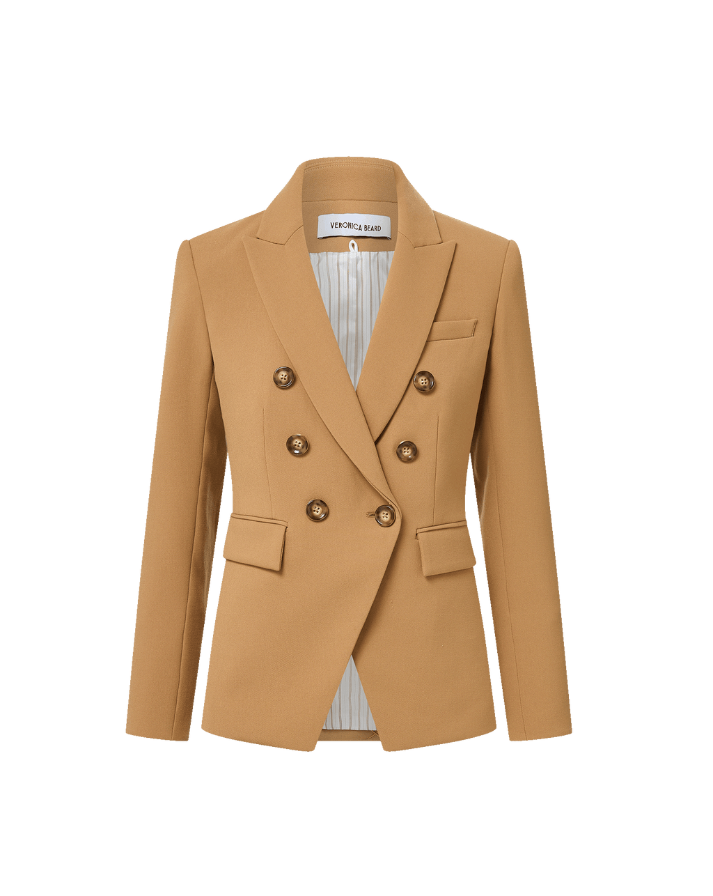 Veronica Beard Tan double-breasted blazer with gold buttons.