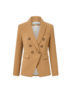 Veronica Beard Tan double-breasted blazer with gold buttons.
