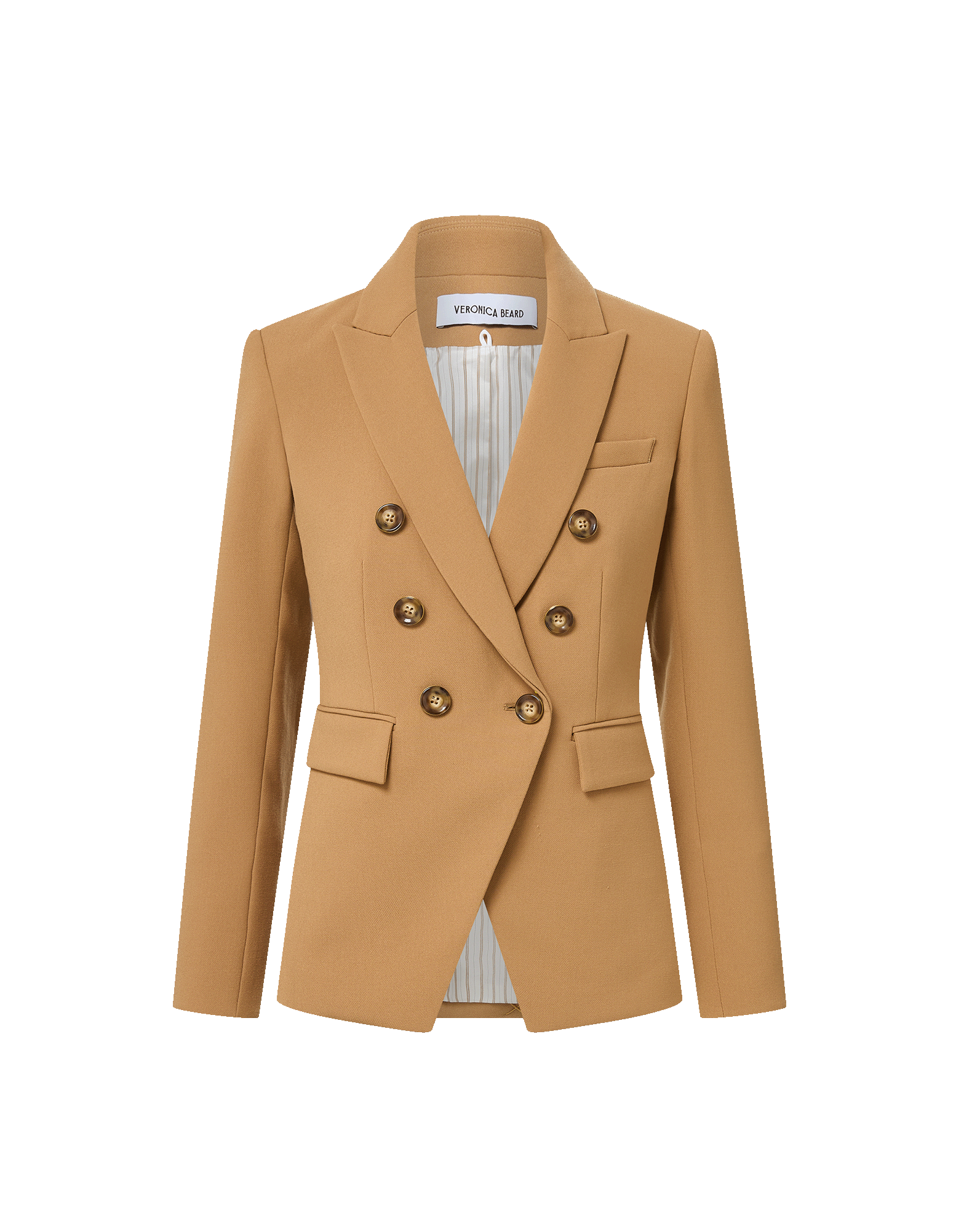 Veronica Beard Tan double-breasted blazer with gold buttons.