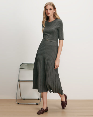 Veronica Beard Gray ribbed knit midi dress with belt