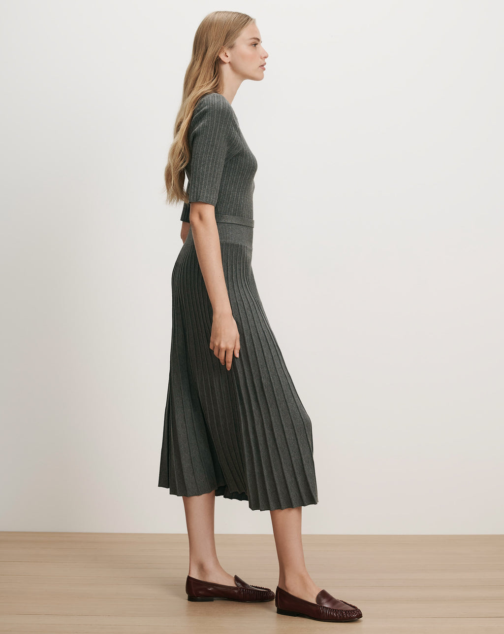 Veronica Beard Gray ribbed knit midi dress with pleated skirt.