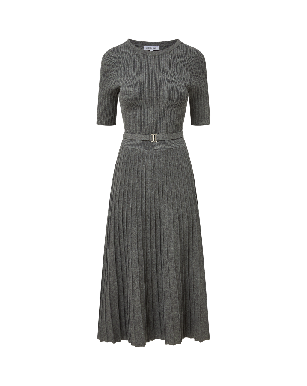 Veronica Beard Gray ribbed knit midi dress with belt.
