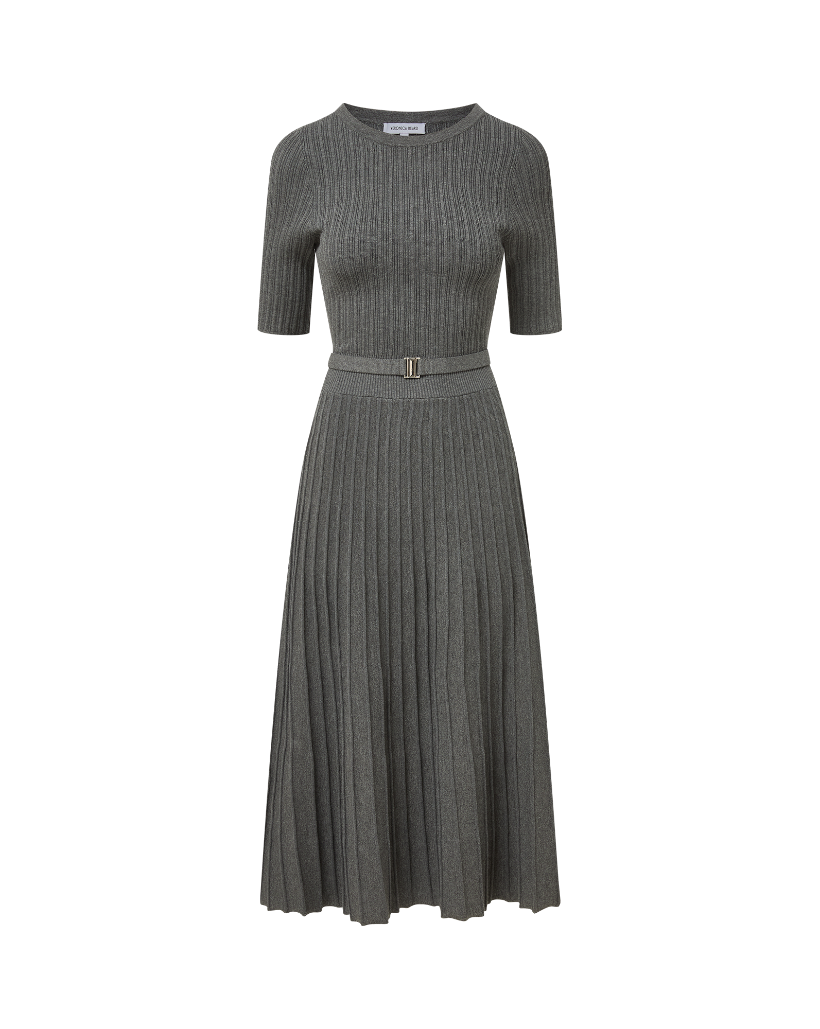 Veronica Beard Gray ribbed knit midi dress with belt.