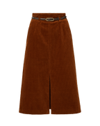 Veronica Beard Brown corduroy midi skirt with belt and front slit.
