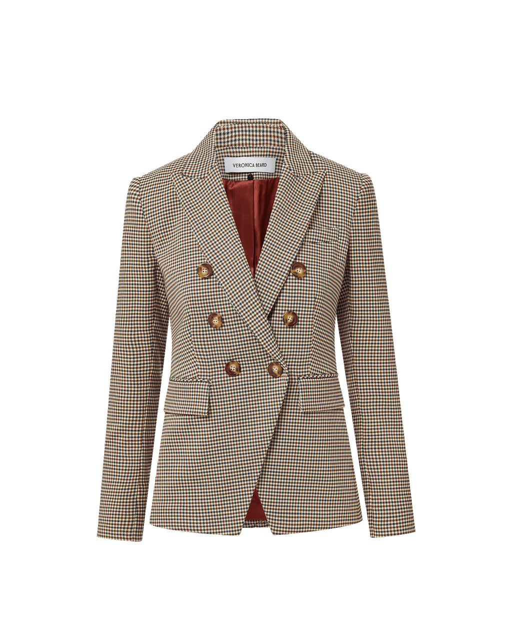 Veronica Beard Brown plaid double-breasted blazer with gold buttons.