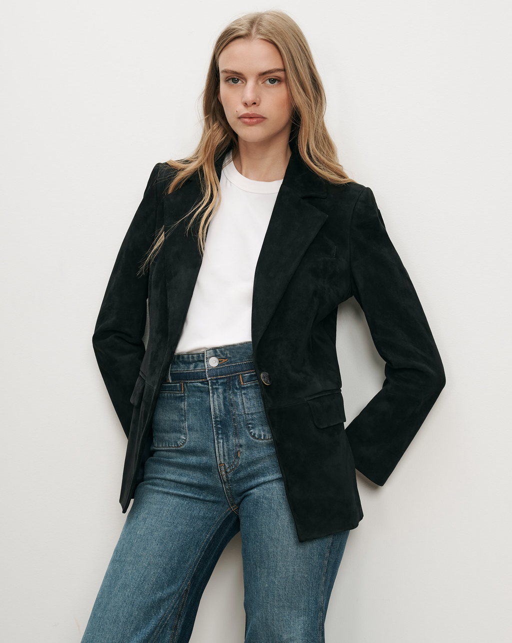Veronica Beard Black suede blazer with notched lapels.