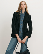 Veronica Beard Black suede blazer with a single button closure.