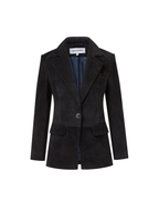 Veronica Beard Black suede blazer with single turquoise button.