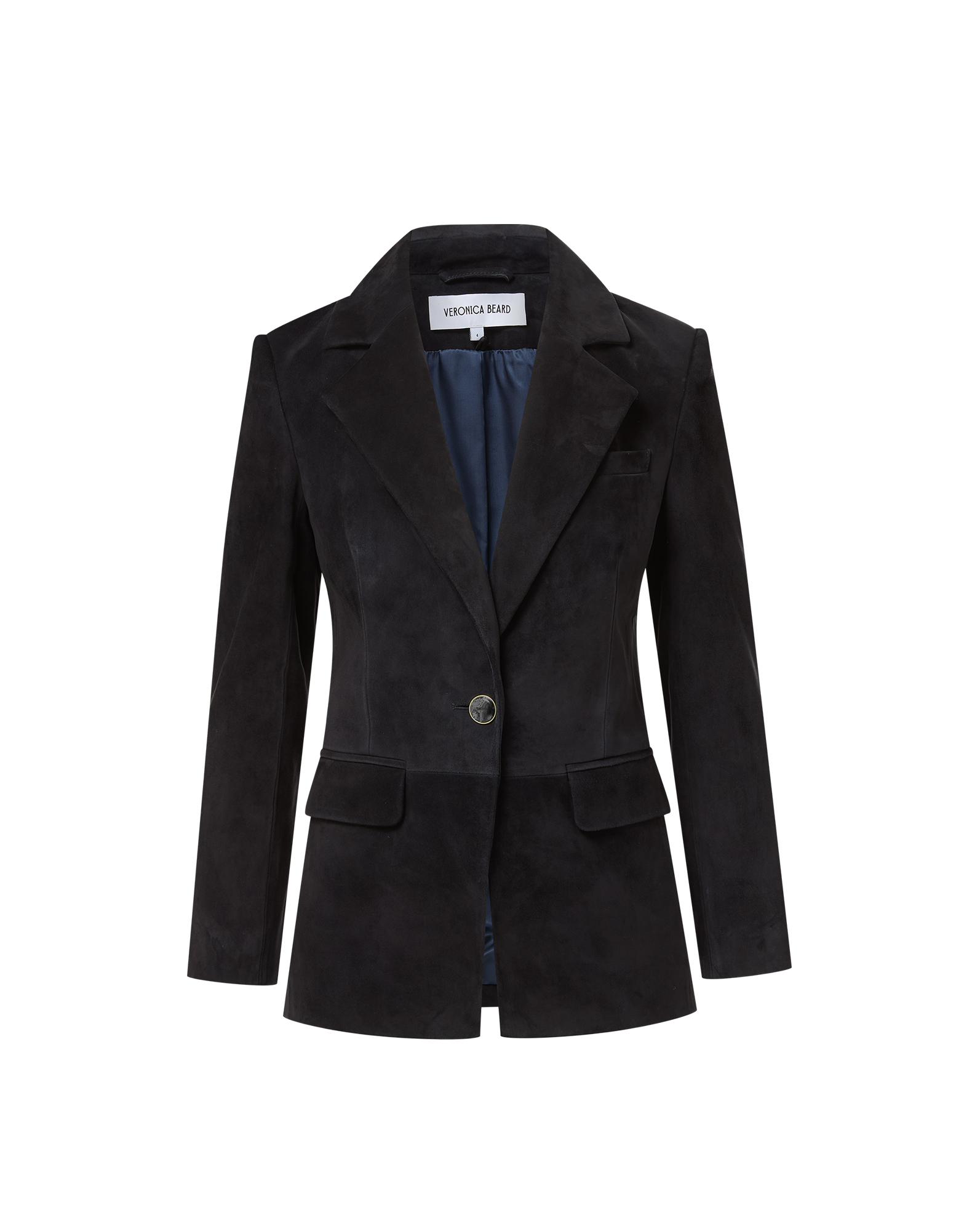 Veronica Beard Black suede blazer with single turquoise button.