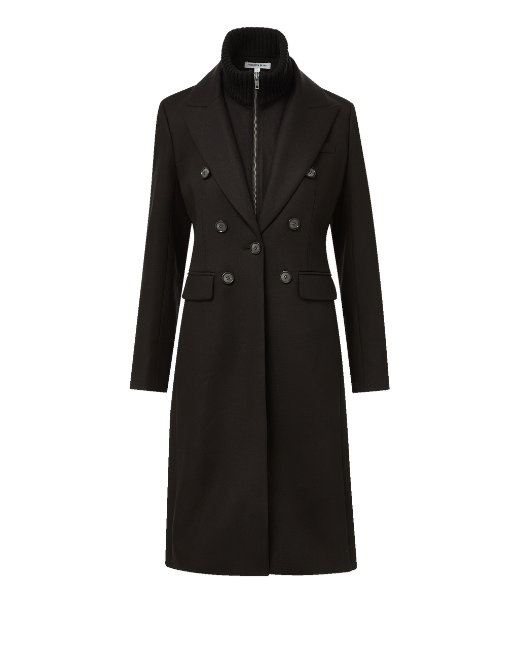 Veronica Beard Black double-breasted wool coat with ribbed knit collar.