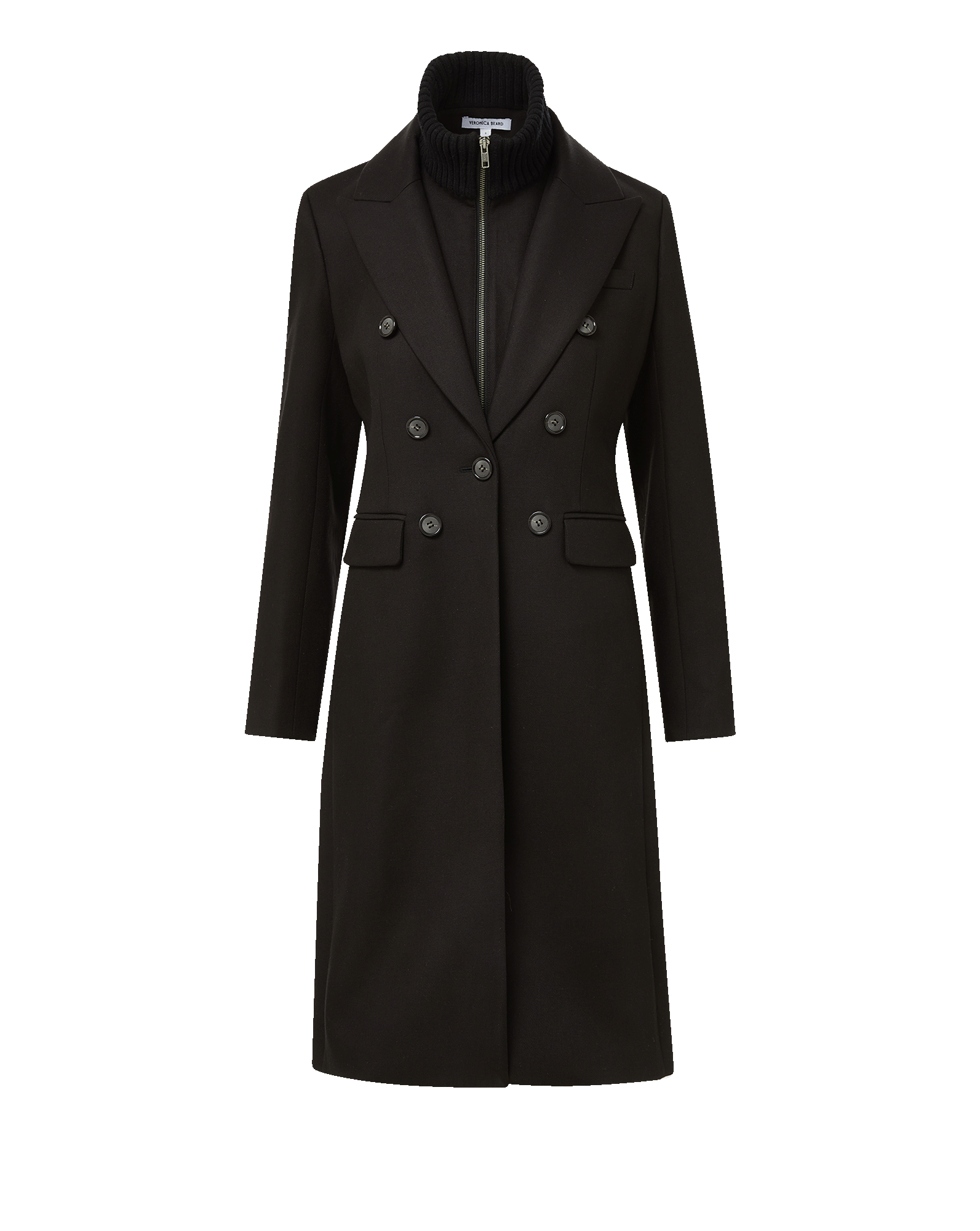 Veronica Beard Black double-breasted wool coat with ribbed knit collar.